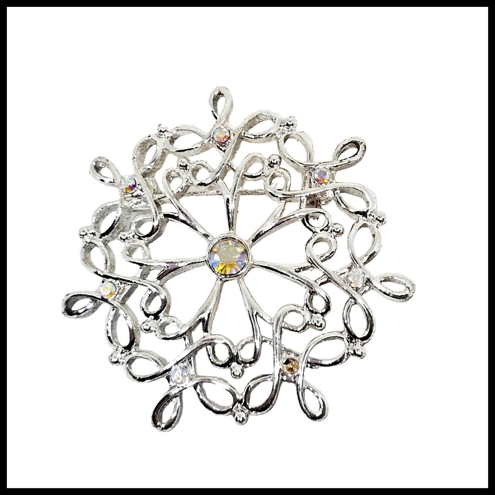 Vintage‎ Pin Brooch Flower Rhinestone Snowflake Silver Tone